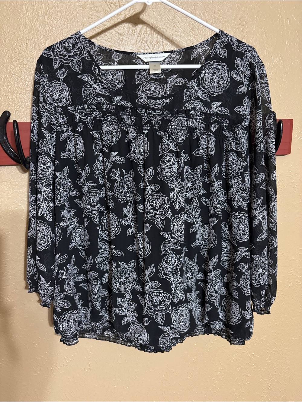 Christopher & Banks Black Floral Peasant Blouse